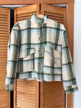 Plaid Bagatelle Collection Teddy Jacket in Cream, Olive & Light Blue